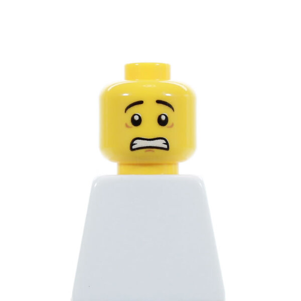 LEGO Kopf, gelb, schiefes L&auml;cheln, zweiseitig, panisch