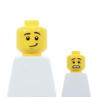 LEGO Kopf, gelb, schiefes Lächeln, zweiseitig, panisch