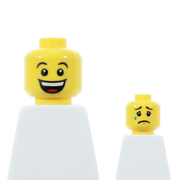 LEGO Kopf, gelb, breites Grinsen, zweiseitig, traurig