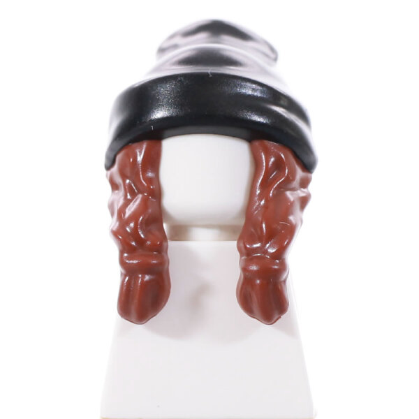 Haare, weiblich, lang, hellbaun mit schwarzer Mütze