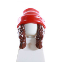 Haare, weiblich, lang, hellbraun mit roter Mütze